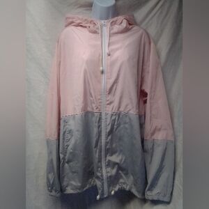 Pink and Gray Windbreaker with Hood and Full-Length Zipper